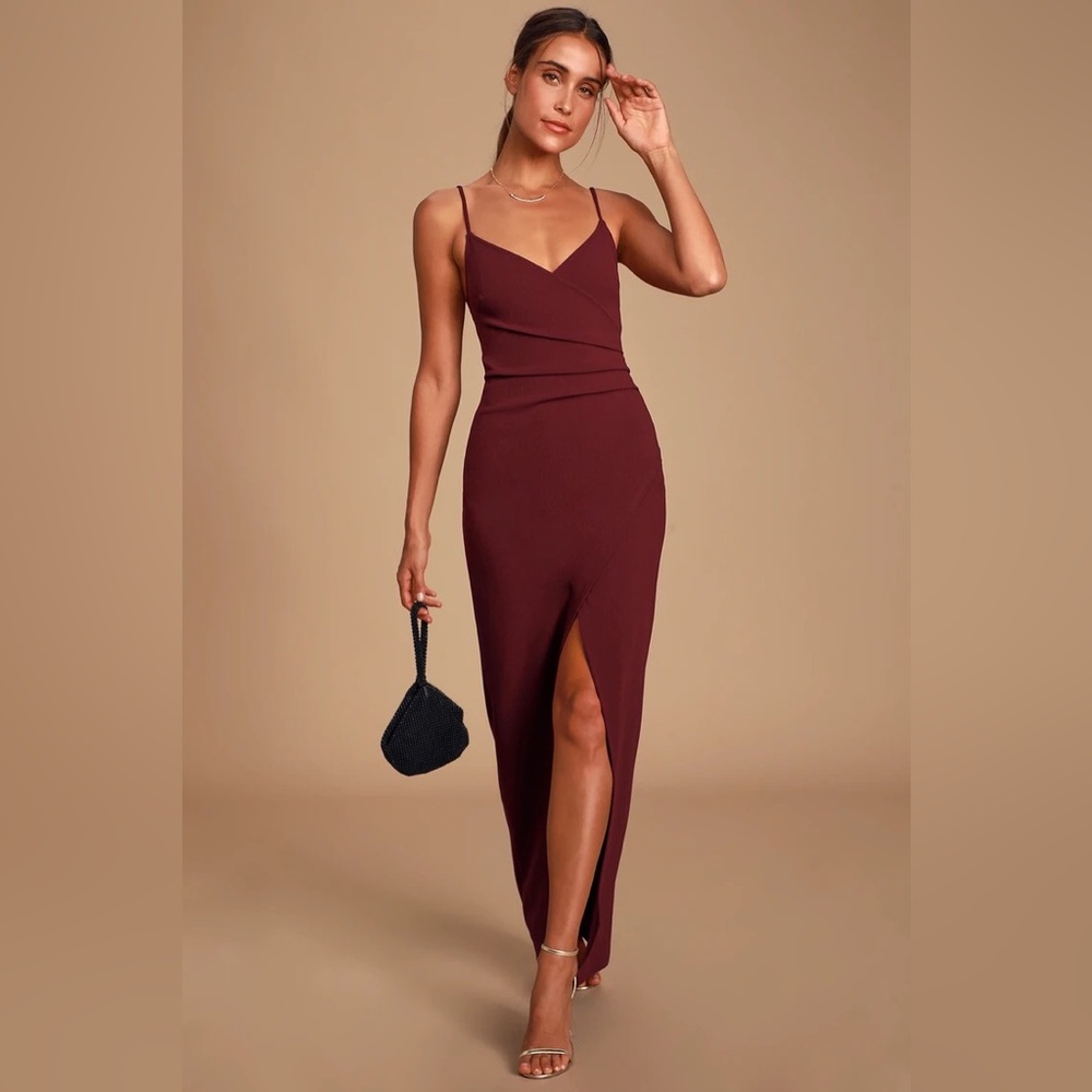 Lulu's Sweetest Admirer Burgundy Ruched Surplice Maxi Dress in XS